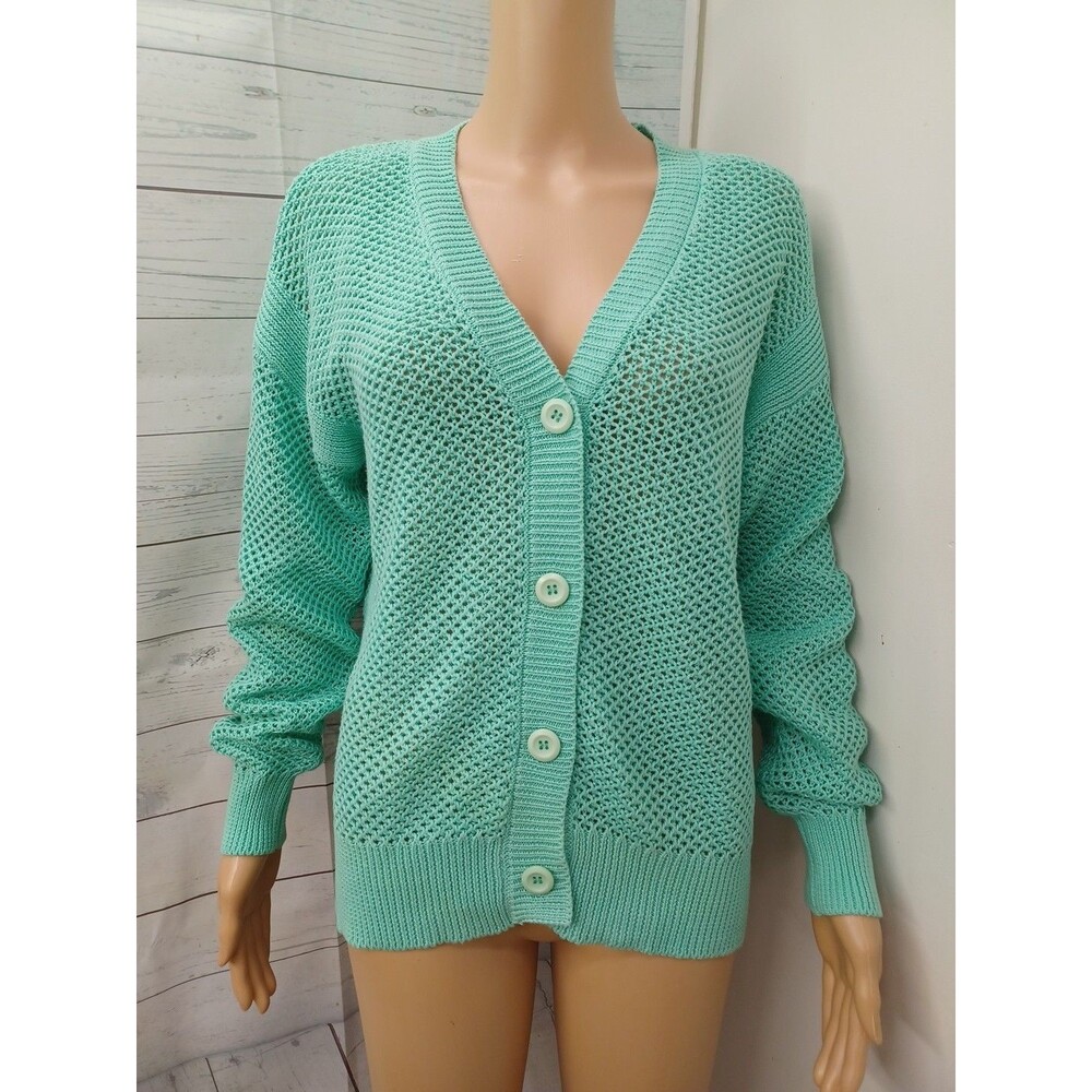 Alison Sheri Cardigan Open Knit Sweater S/P Teal Green Button Up